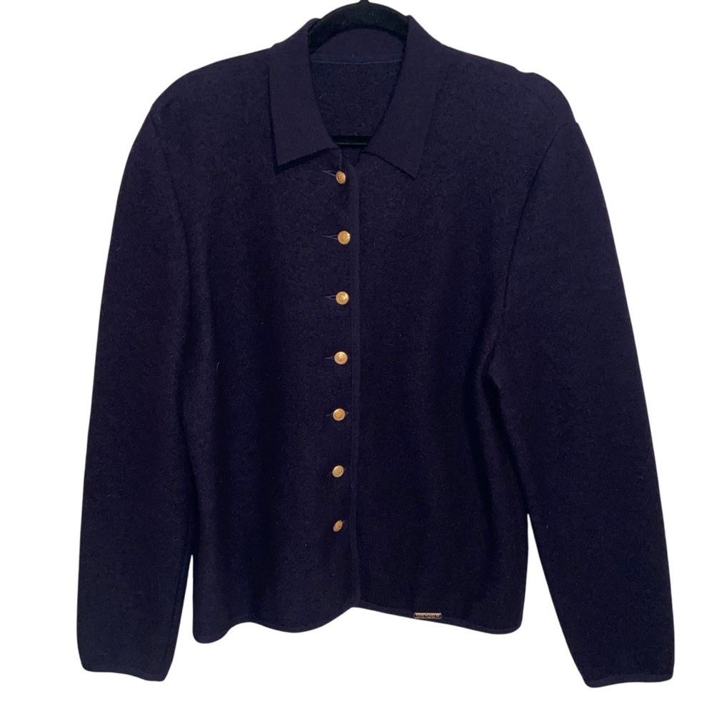 Geiger Wool Jacket Womens Size 42 Collared Sweater Gold Buttons Navy Blue - Picture 1 of 12